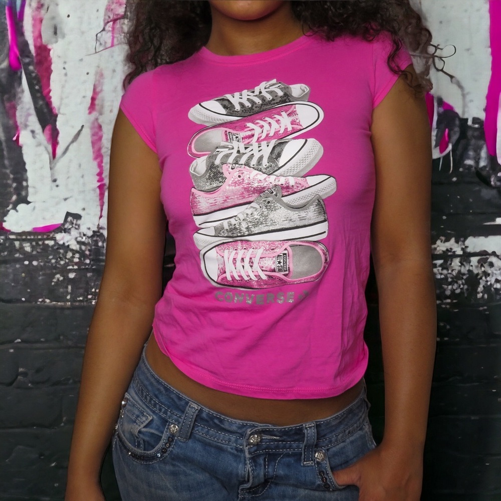 Y2K Pink Converse Sneaker Glitter Tee | Size XS
